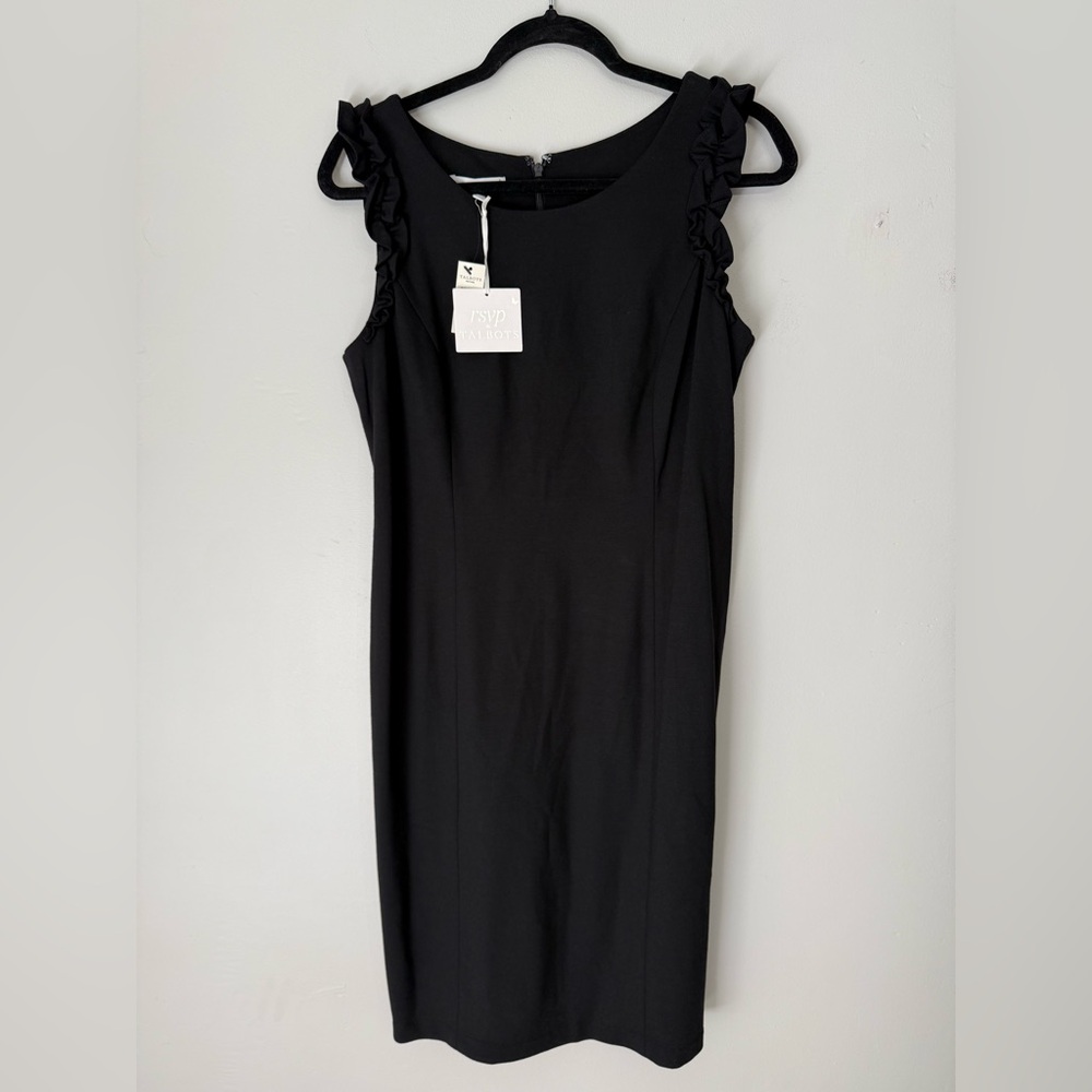 Talbots RSVP Black Ruffle sleeveless black sheath dress Size 10 Petite N…